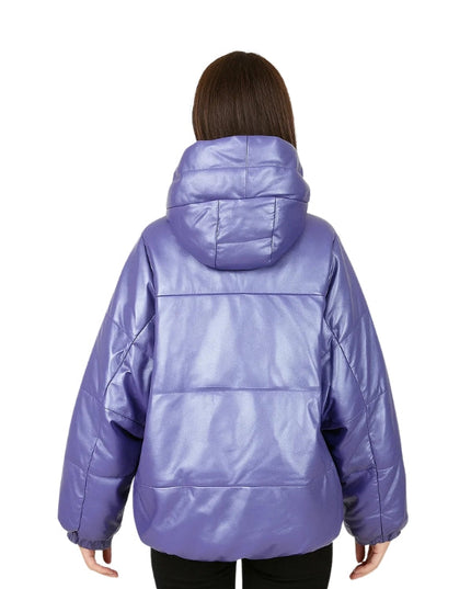 Person wearing a purple puffer jacket on a white background