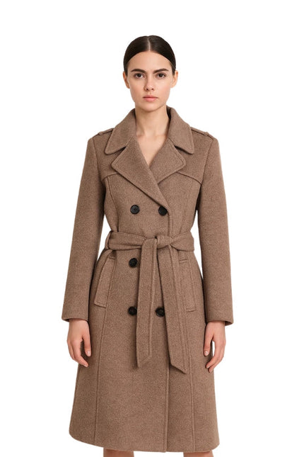 Woman wearing a brown coat on a white background