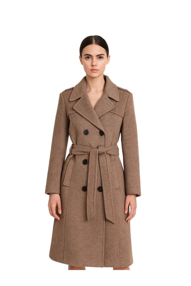 Woman wearing a brown coat on a white background