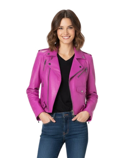 Woman wearing a bright pink leather jacket on a white background