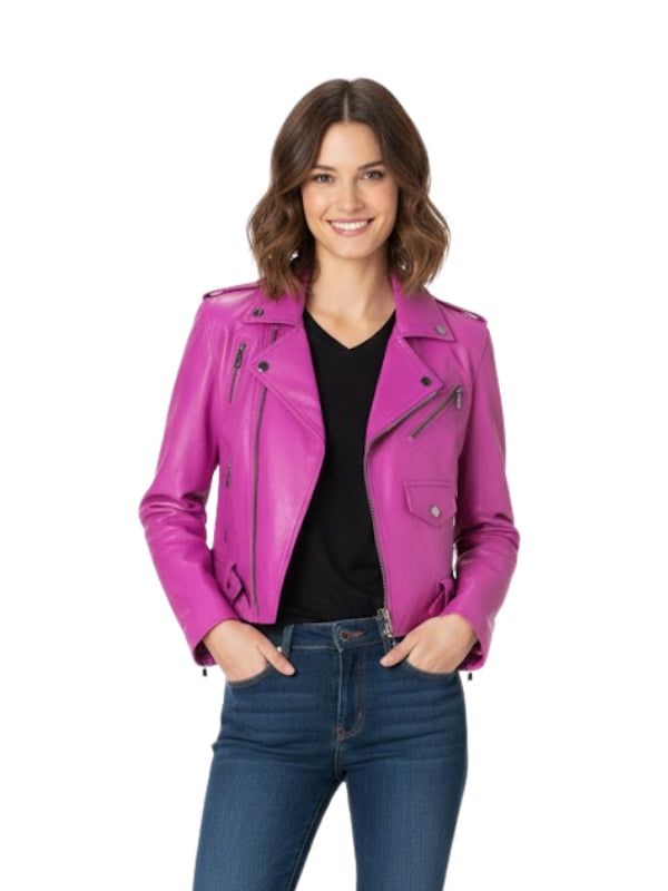 Woman wearing a bright pink leather jacket on a white background