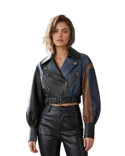 Woman wearing a black and brown leather jacket on a white background