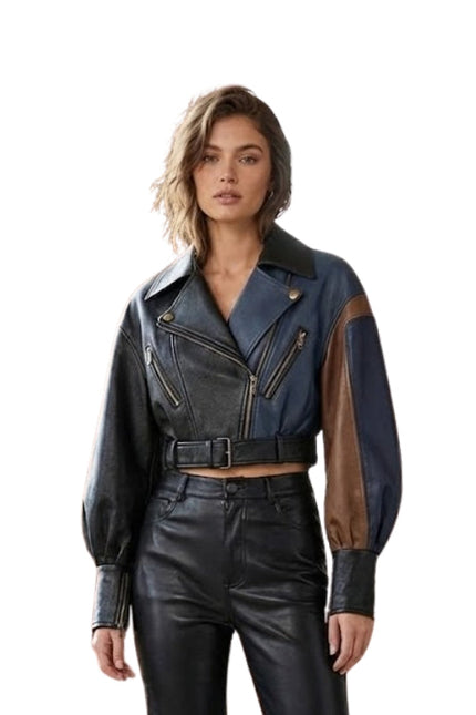 Woman wearing a black and brown leather jacket on a white background