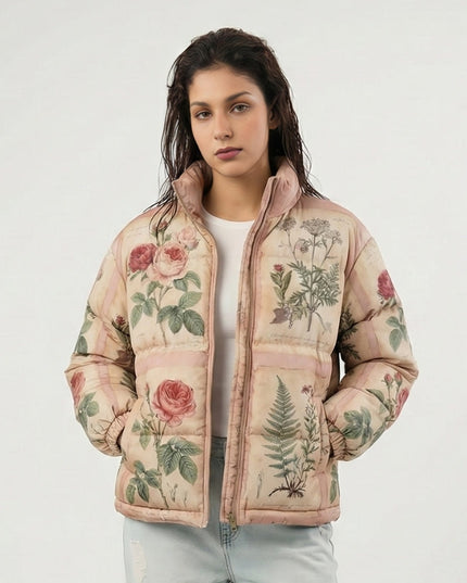 Woman wearing a floral-patterned puffer jacket on a white background