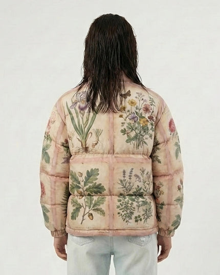 Person wearing a floral-patterned puffer jacket on a white background