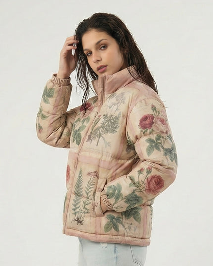Woman wearing a floral-patterned jacket on a plain background
