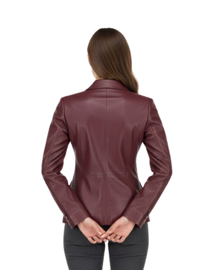 Maroon leather jacket worn by a person on a white background