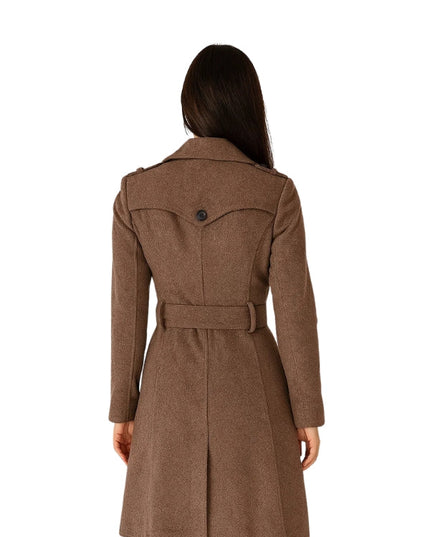 Brown coat worn by a person on a white background