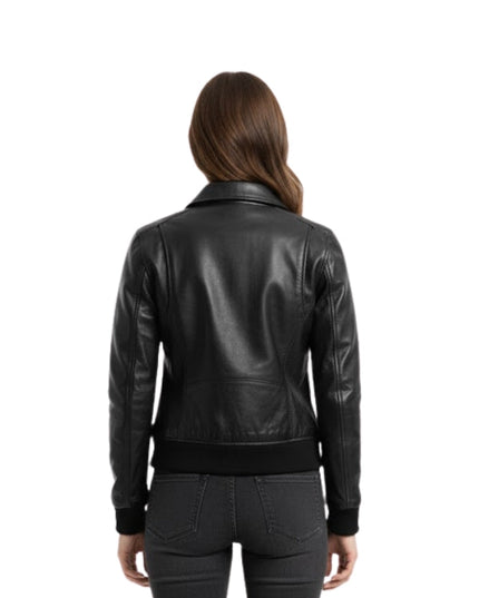 Person wearing a black leather jacket on a white background