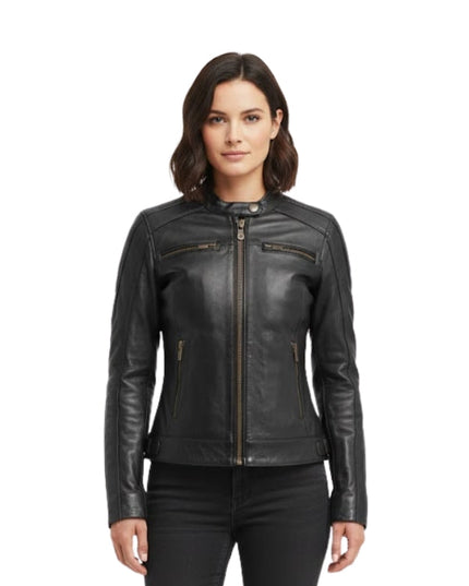 Woman wearing a black leather jacket on a white background