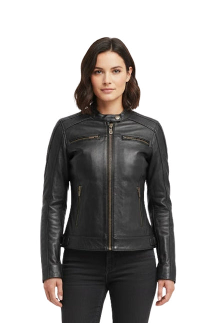 Woman wearing a black leather jacket on a white background