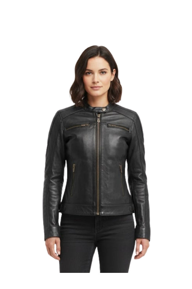 Woman wearing a black leather jacket on a white background
