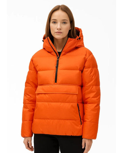 Person wearing an orange puffer jacket on a white background