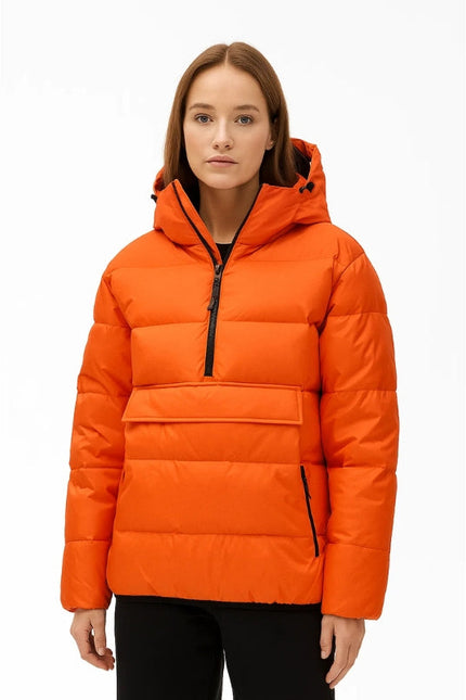 Person wearing an orange puffer jacket on a white background