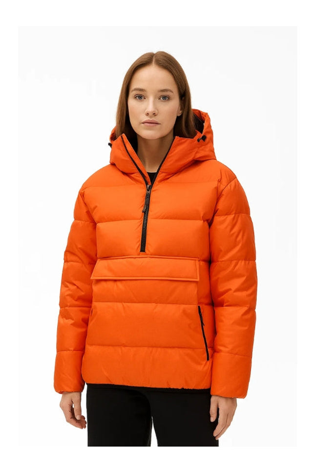 Person wearing an orange puffer jacket on a white background