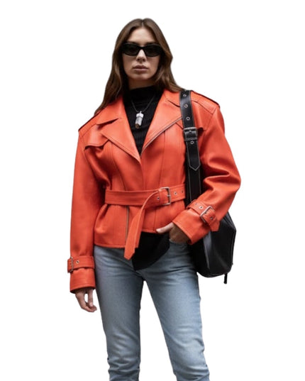 Person wearing an orange leather jacket with a black bag on a white background