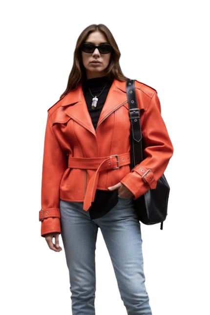 Person wearing an orange leather jacket with a black bag on a white background