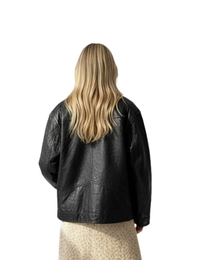 Person wearing a black leather jacket from behind on a white background