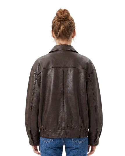 Person wearing a brown leather jacket on a white background