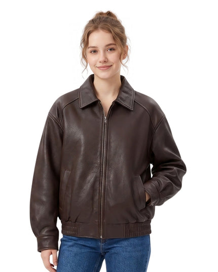 Woman wearing a brown leather jacket on a white background