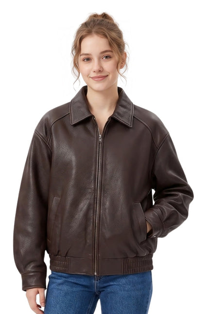 Woman wearing a brown leather jacket on a white background