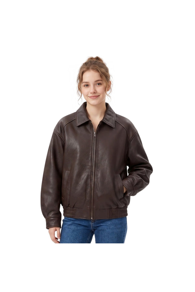 Woman wearing a brown leather jacket on a white background