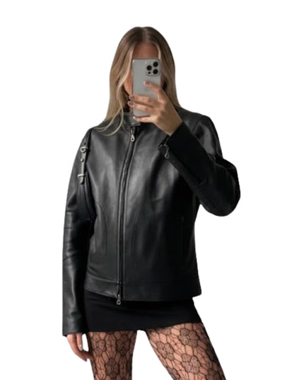 Person wearing a black leather jacket on a white background