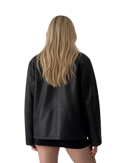 Person wearing a black leather jacket from behind on a white background