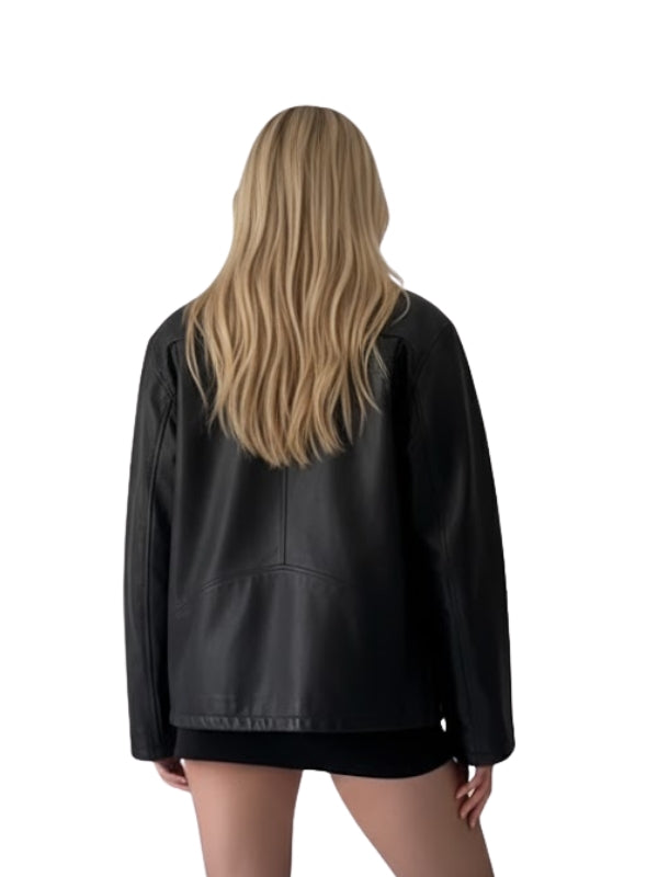 Person wearing a black leather jacket from behind on a white background