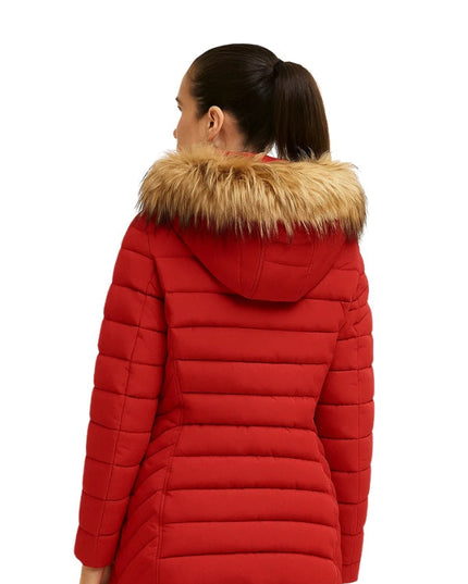 Red puffer jacket with fur hood on a white background