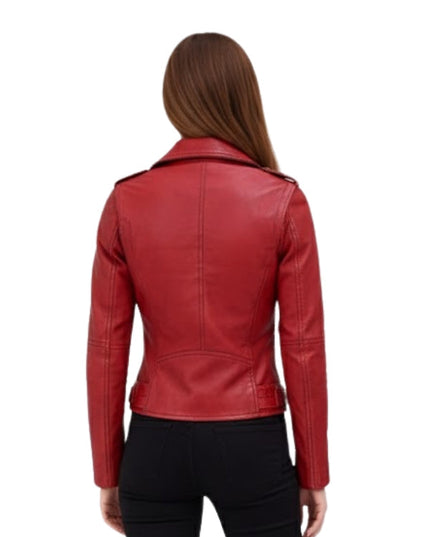 Red leather jacket worn by a person on a white background