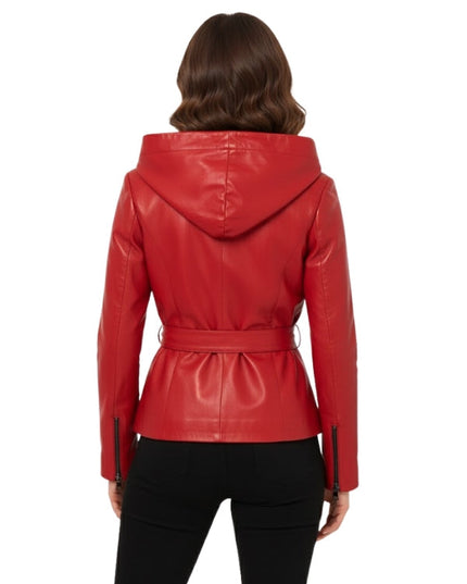Red leather jacket with a hood worn by a person on a white background