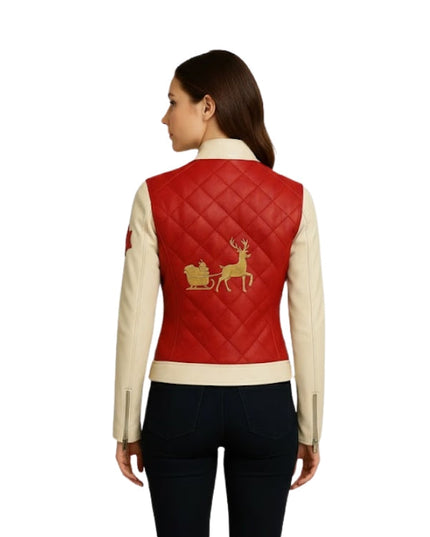 Women's Red And Beige Santa Reindeer Faux Leather Christmas Jacket