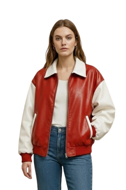 Woman wearing a red and white varsity jacket on a white background