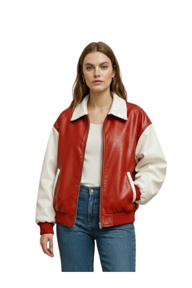 Woman wearing a red and white varsity jacket on a white background