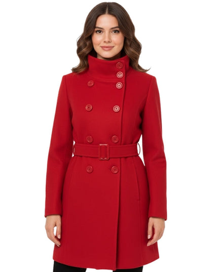 Woman wearing a red coat on a white background