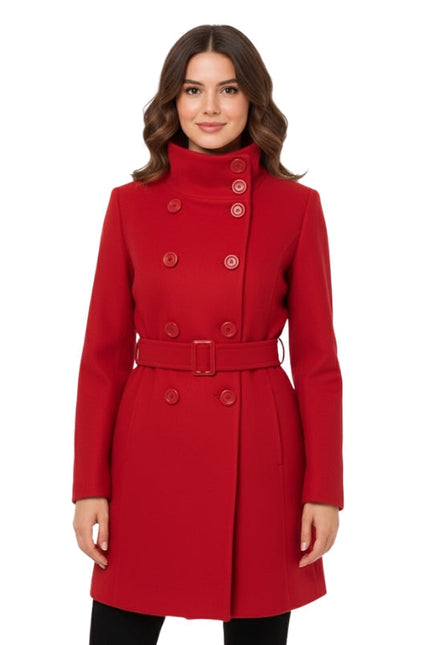 Woman wearing a red coat on a white background