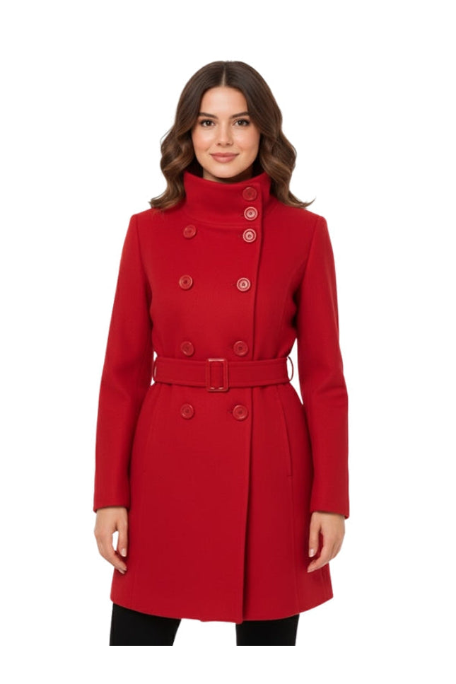 Woman wearing a red coat on a white background