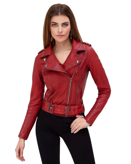 Red leather jacket worn by a model on a white background