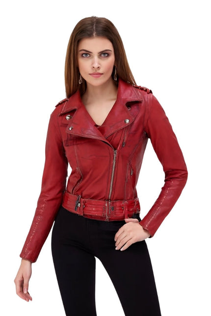 Red leather jacket worn by a model on a white background