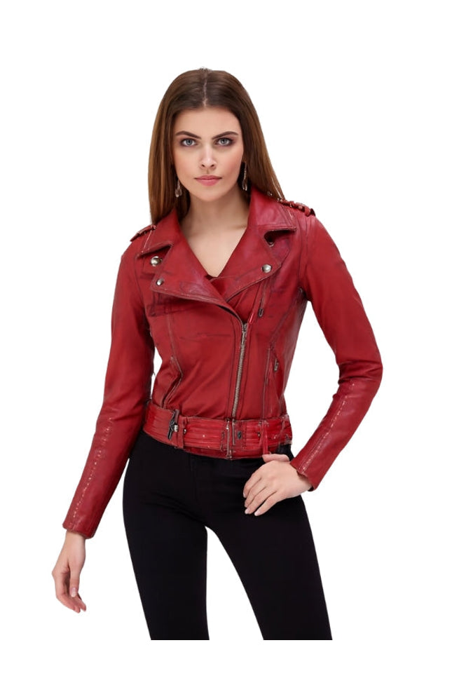 Red leather jacket worn by a model on a white background