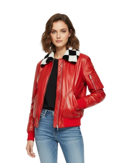 Woman wearing a red leather jacket with a checkered collar on a white background