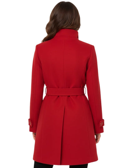 Red coat worn by a person on a white background