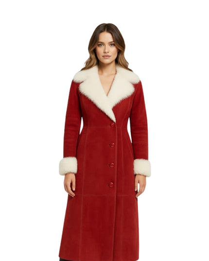  Women's Red Faux Fur Collar Long Winter Coat