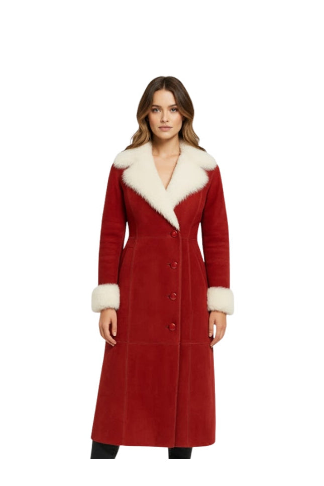  Women's Red Faux Fur Collar Long Winter Coat