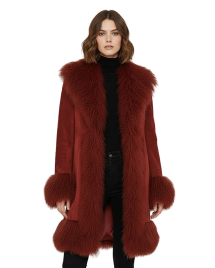 Red fur coat worn by a model on a white background