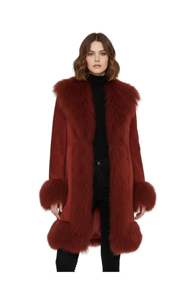 Red fur coat worn by a model on a white background