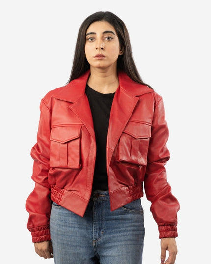Women wearing red cargo bomber jacket