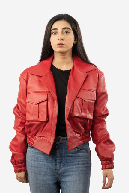Women wearing red cargo bomber jacket
