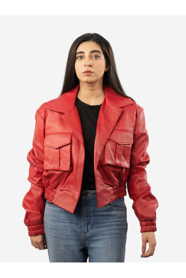 Women wearing red cargo bomber jacket